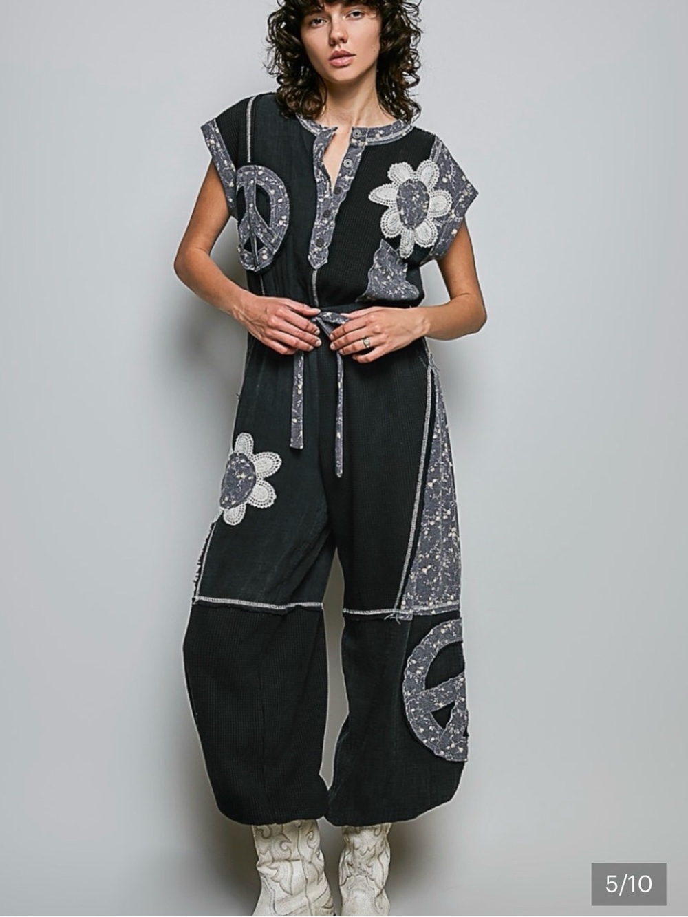 POL Black Patchwork Floral & Peace-Sign Wide-Leg Jumpsuit